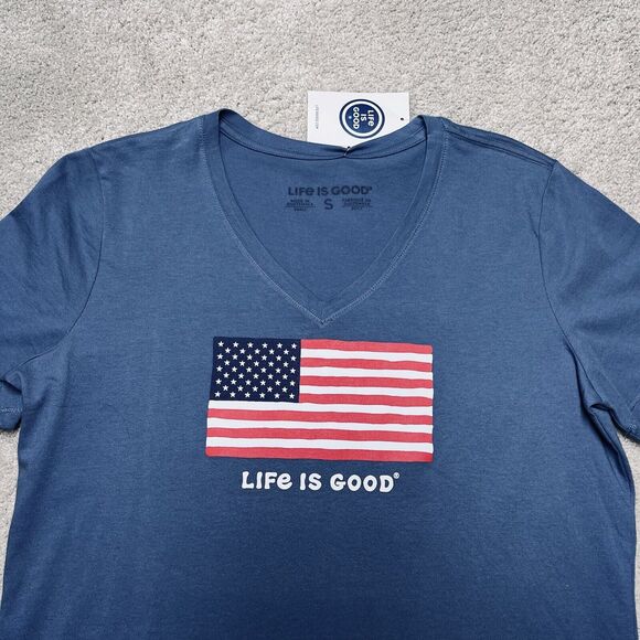 NWT Life Is Good American Flag Womens T-SHIRT Small Short Sleeve Blue USA Tee - Picture 3 of 8